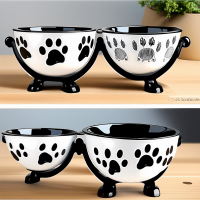 A set of ceramic food bowls on stands, 2 bowls included: 1 with a paw pattern, 2 with a fish pattern. There is an individual black stand for each of the bowls.	WB Ozone Bowls Use offers: profitable, easy to wash, safe materials, durable materials