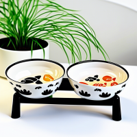 AA set of ceramic food bowls on stands, 2 bowls included: 1 with a paw pattern, 2 with a fish pattern. There is an individual black stand for each of the bowls. Use offers: profitable, easy to wash, safe materials, durable materials