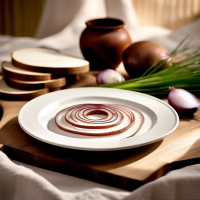 a round white plate with thinly sliced streaky lard, accompanied by a slender piece of dark rye bread and delicate rings of freshly chopped onions, arranged in an artful still life composition, soft natural lighting, shallow depth of field, realistic food photography