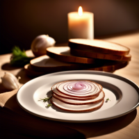 a round white plate with thinly sliced streaky lard, accompanied by a slender piece of dark rye bread and delicate rings of freshly chopped onions, arranged in an artful still life composition, soft natural lighting, shallow depth of field, realistic food photography